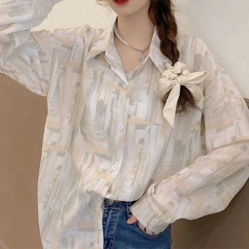 Women's Clothing Fashion Vintage Tie Dye Long Sleeve Sun Protection Clothing Spring Autumn Polo-Neck Loose Single Breasted Shirt