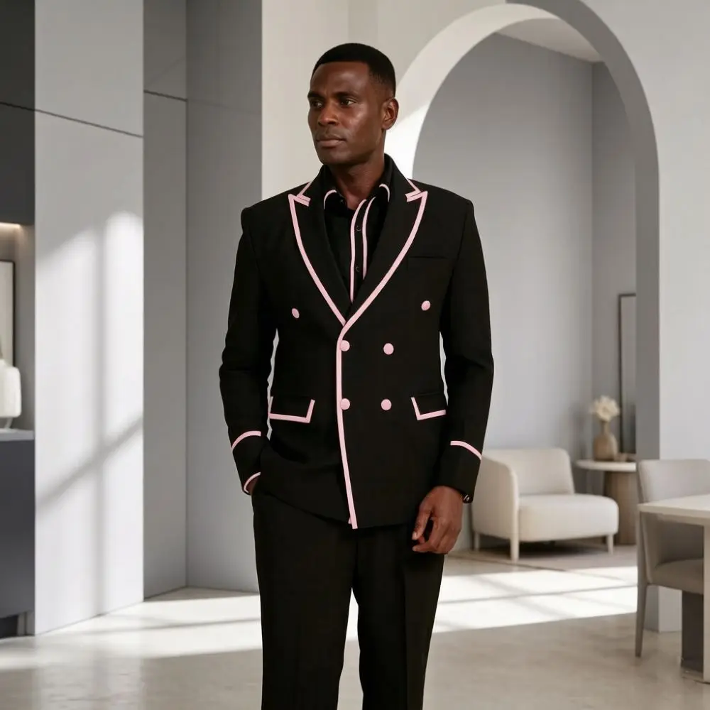 Luxury Black Double Breasted Suits for Men Piping Details 2 Pieces Wedding Mix Match Separates Suitable for Formal Occasions