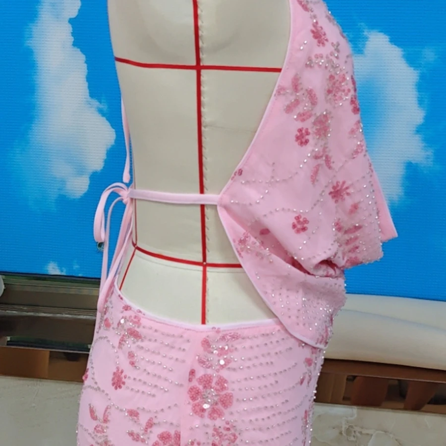 

Y2K женский комплект из двух предметов юбки с блестками и бисером, цветок, топы без рукавов с лямкой на шее, мини-юбка с низкой посадкой для вечеринки, клуба