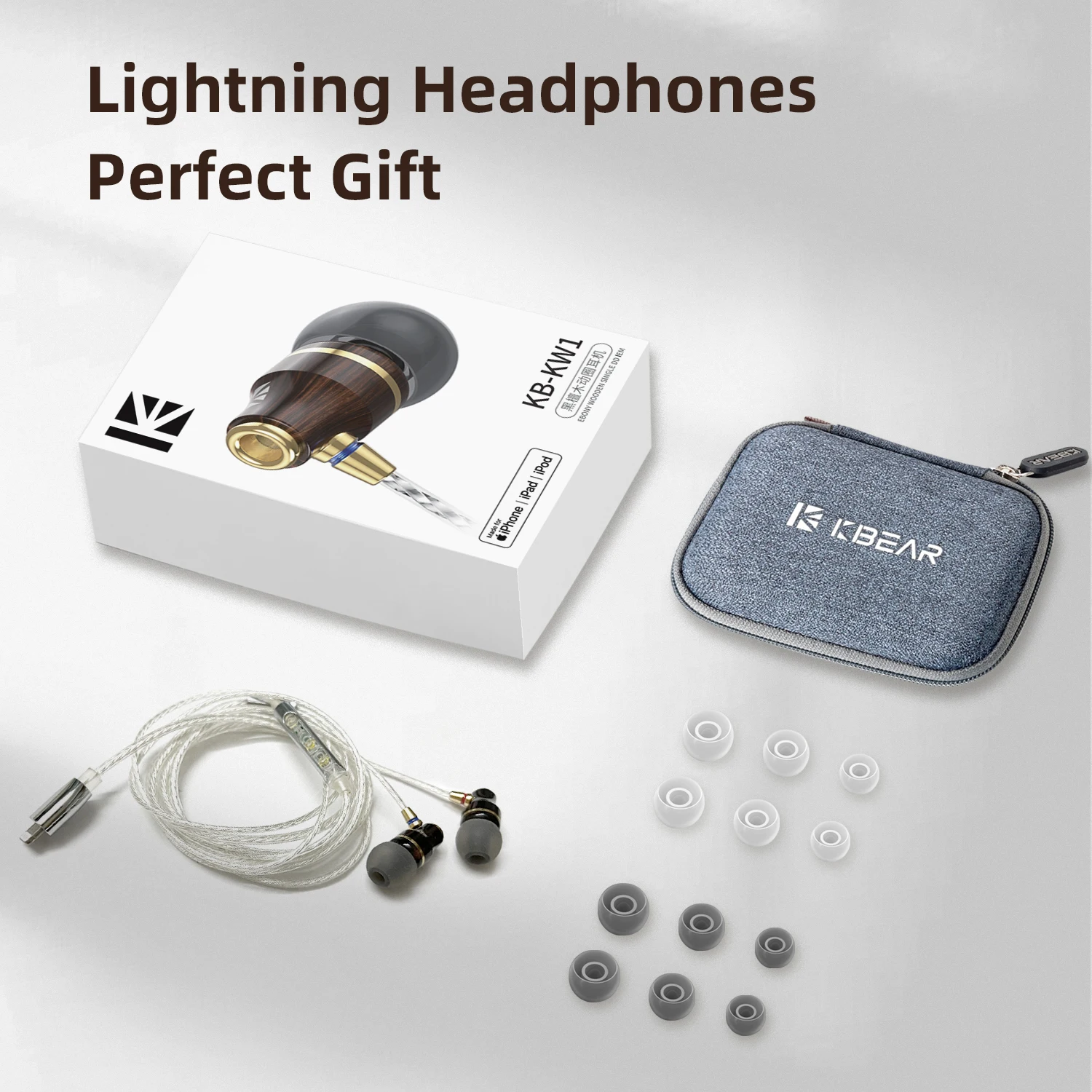 KBEAR KW1 Wooden Single DD In-Ear HiFi Earbuds 8MM COMPOSITE DYNAMIC OFC SILVER-PLATED CABLE LIGHTING/TYPE-C/3.5MM OPTIONAL