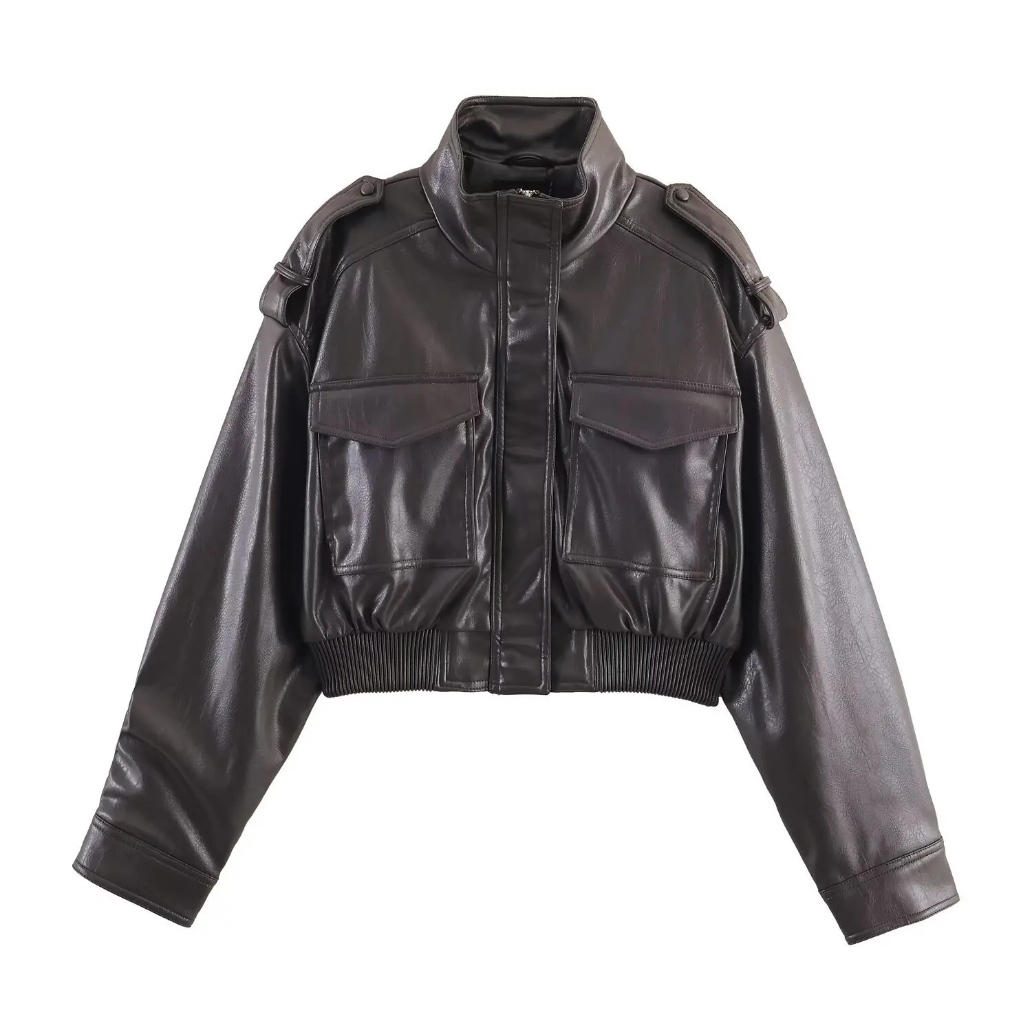 Street Faux Leather Jackets Women Loose Lapel Spliced Zipper Chocolate Retro Moto Biker Coat 2025 Autumn Lady Fashion Outwear