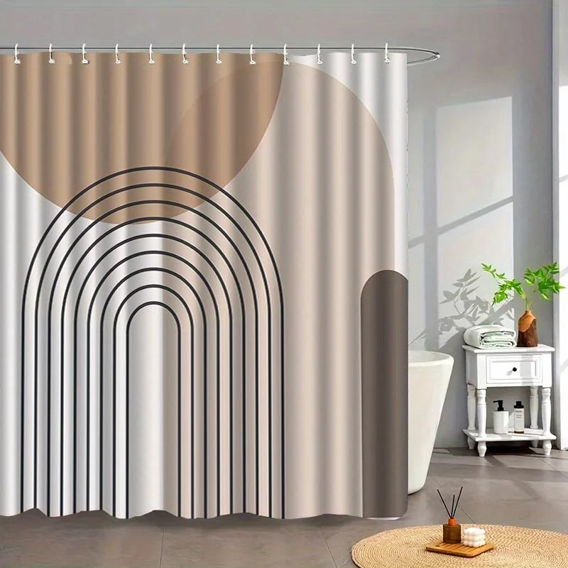 1 Simple Geometric Pattern Shower Curtain with Hooks - Beige, Brown and White Polyester Bathroom Divider, Machine Washable