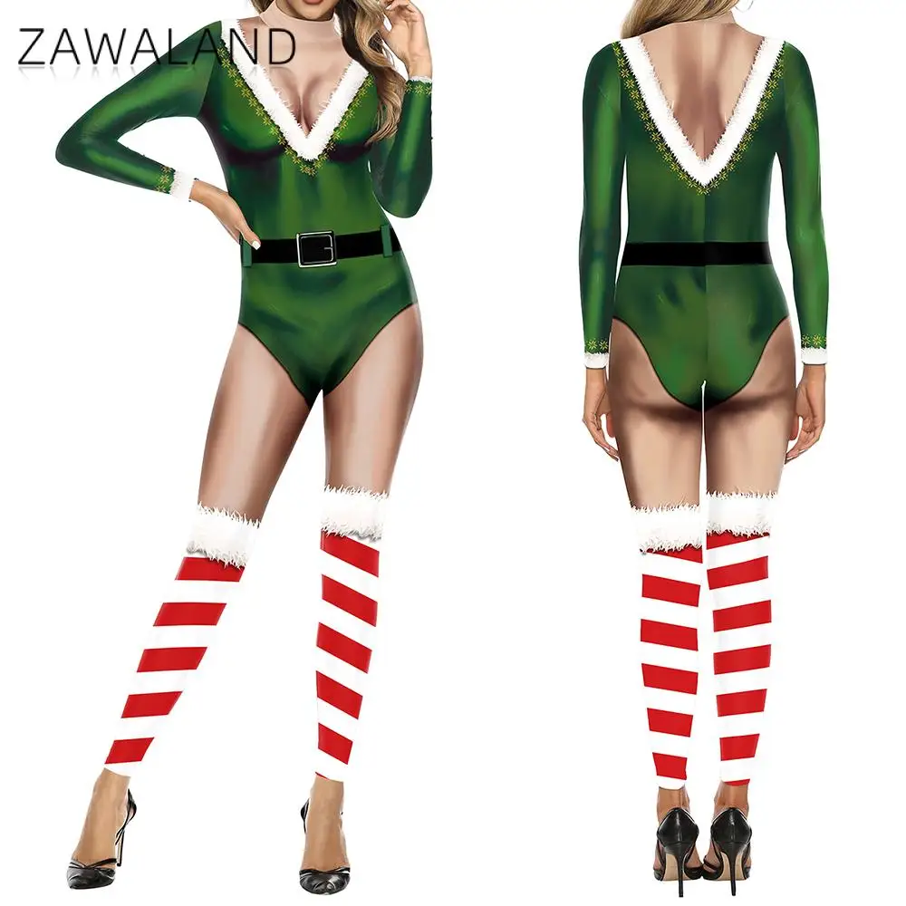 

Zawaland женский и мужской рождественский боди с длинным рукавом с 3D принтом, карнавальный костюм, праздничный комбинезон для вечеринки, костюм зентай