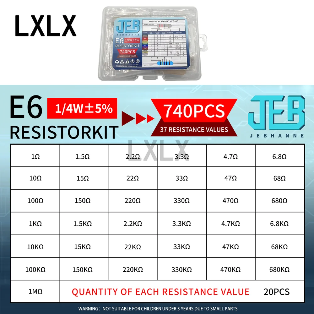 740pcs 1/4W 1R-1M E6 Resistor Kit, 37 Common Values, 20 Pcs Each, 0.25W, 5% Tolerance, Color Code Resistors, Boxed