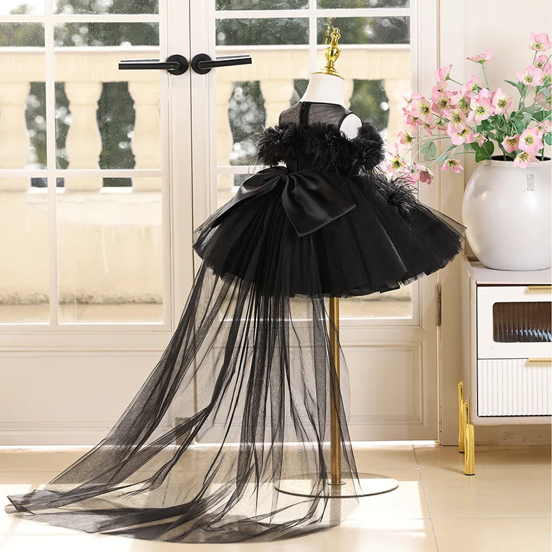 Girls Light Luxury Black Evening Princess Ball Gown Children Fashion Birthday Party Host Piano Performance Dress y1620