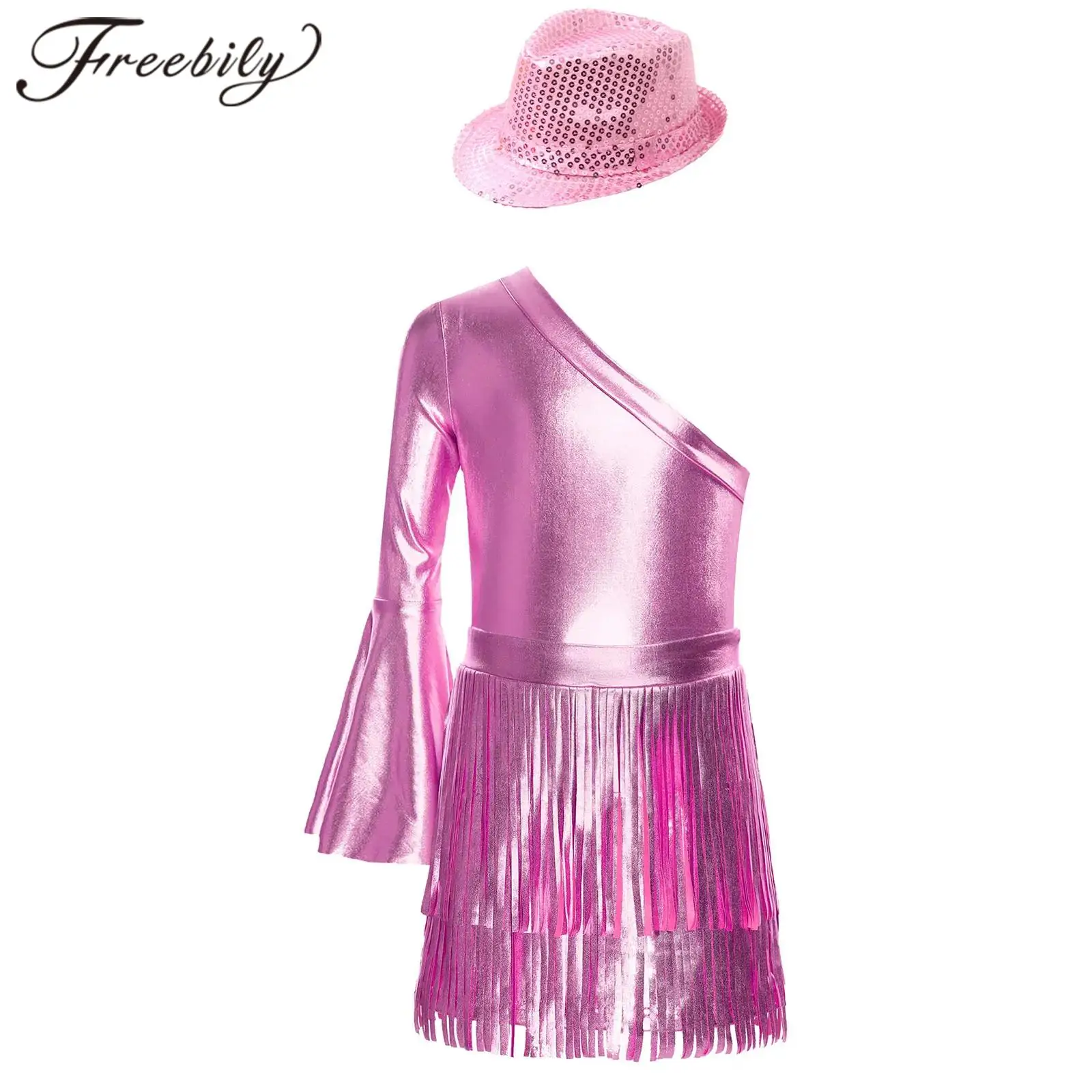 Kids Girls Glossy Jumpsuit 70s 80s Disco Hippie Costume Cowgirl Jazz Dance Outfit Metallic Bodysuit with Fringed Skirt Dancewear