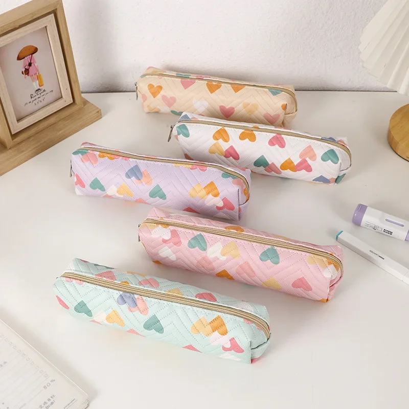 Cute Colourful Love Heart Pencil Case Girls Large Capacity School Pouch Zippered Pencil Case Students School Stationery Bag