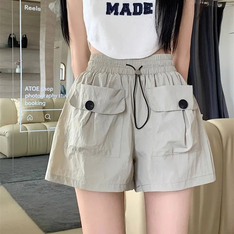 Safari Style Pockets Casual Shorts Summer Quick Dry Loose Female Clothing High Waist Elastic Stylish Sports Solid Color Shorts