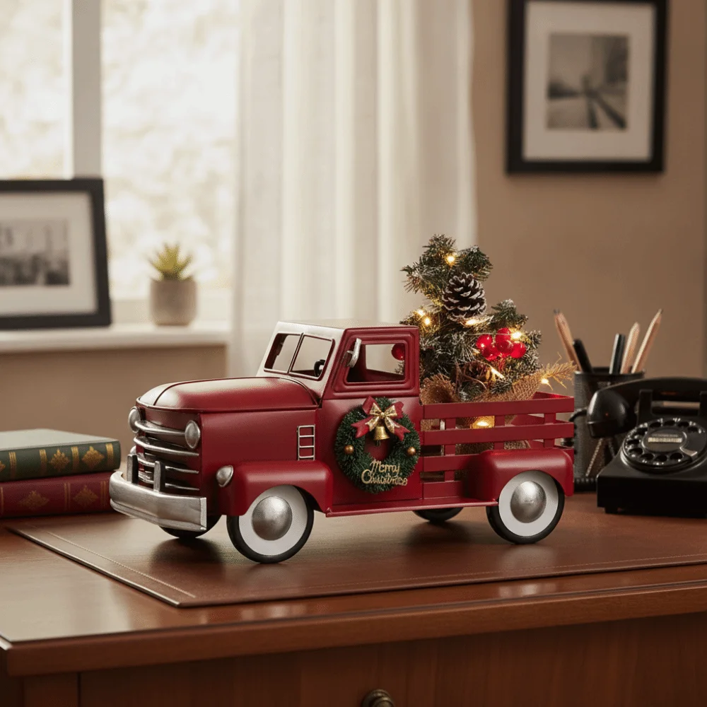 American Rustic Style Red Truck with Christmas Tree Ornament Vintage with Light Christmas Pickup Truck Statue Metal Mini
