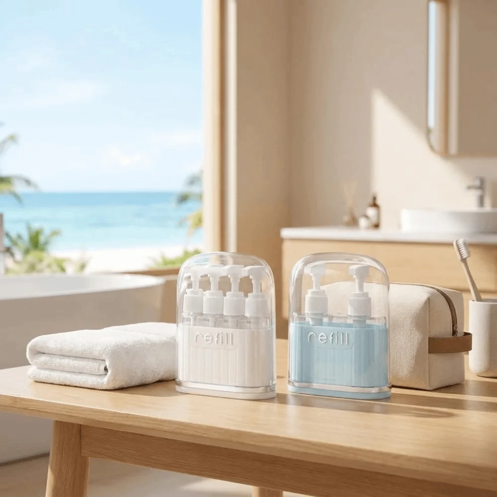 Tragbares Set aus Toilettenartikelflaschen, 2/4 in 1, wiederverwendbare, leere Reiseflaschen, auslaufsichere, aufteilbare Flaschen, nachfüllbare Behälter für den Urlaub. – Detail 4