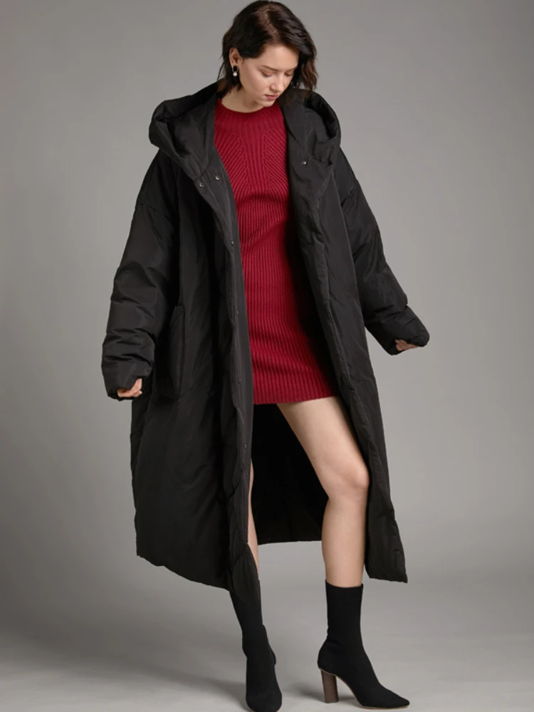 Long Hooded Puffer Coats for Women, Thick Warm Jacket, Windproof Down Jacket, Open Fork Fashion, Casual Outerwear, Simple Coats