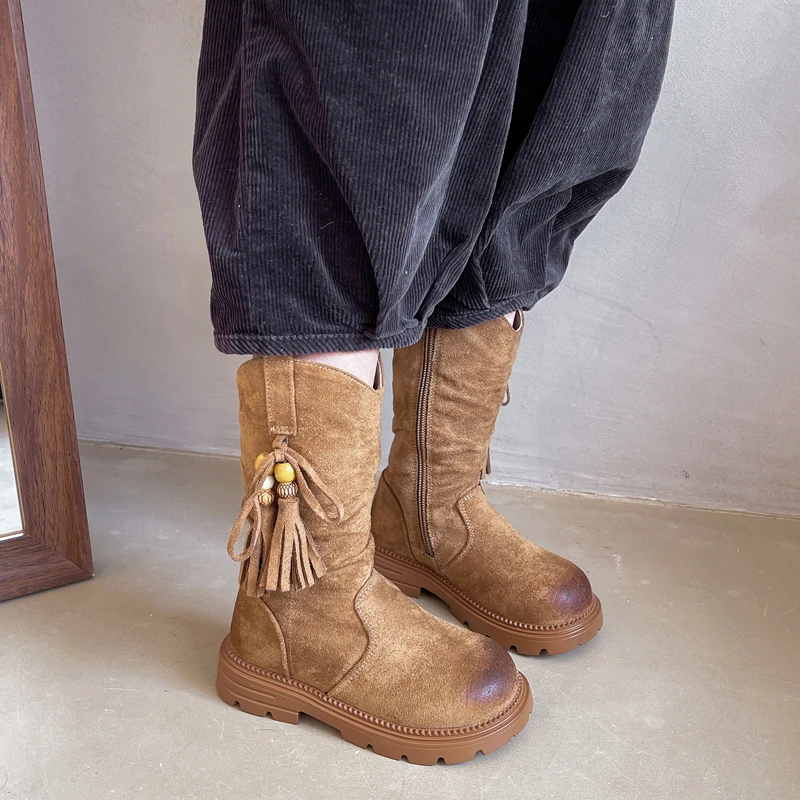 

2025 Autumn Toddlers Tassel Mid-calf Boots for Princess Retro Style Girls Fashion Children's Causal Boots Kids Boots Thick Soled