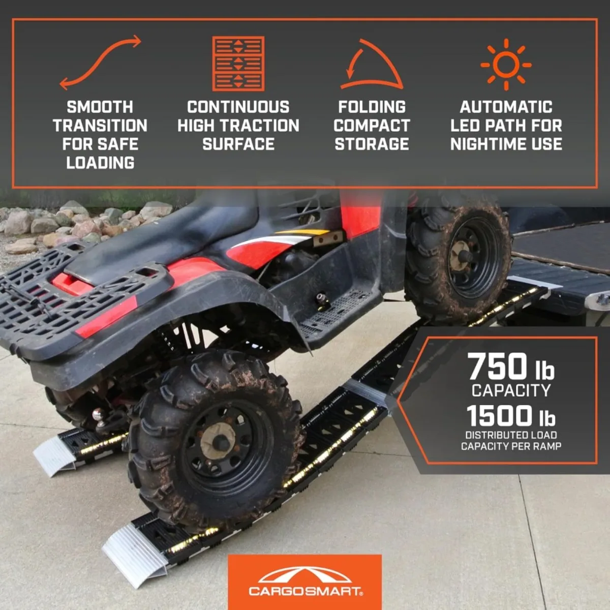 منحدر تحميل منحني قابل للطي، سعة 1500 رطل، ألومنيوم 12 × 90 بوصة، أضواء LED