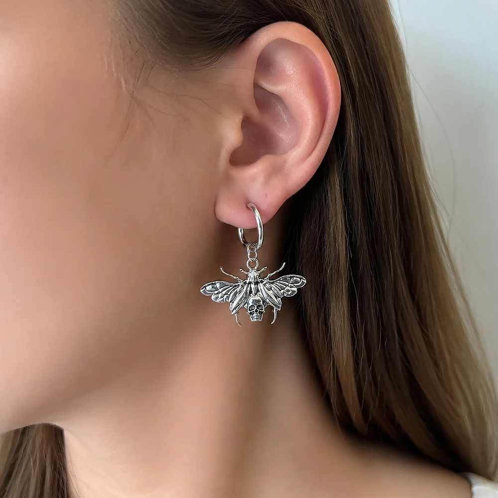 Gothic Punk Death Moth Dangle Hoop Earrings Silvery Skull Moth Filigree Moth Huggie Earrings Halloween Dark Witchy Jewelry view 2