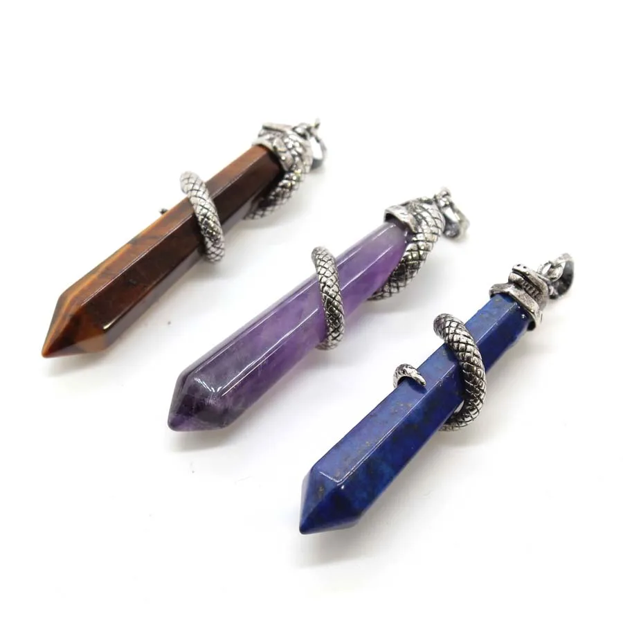 Snake Wrapped Crystal Hexagon Column Stone Pendulum Pendants For Dowsing Divination Natural Amethyst Quartz Opal Pendant Jewelry