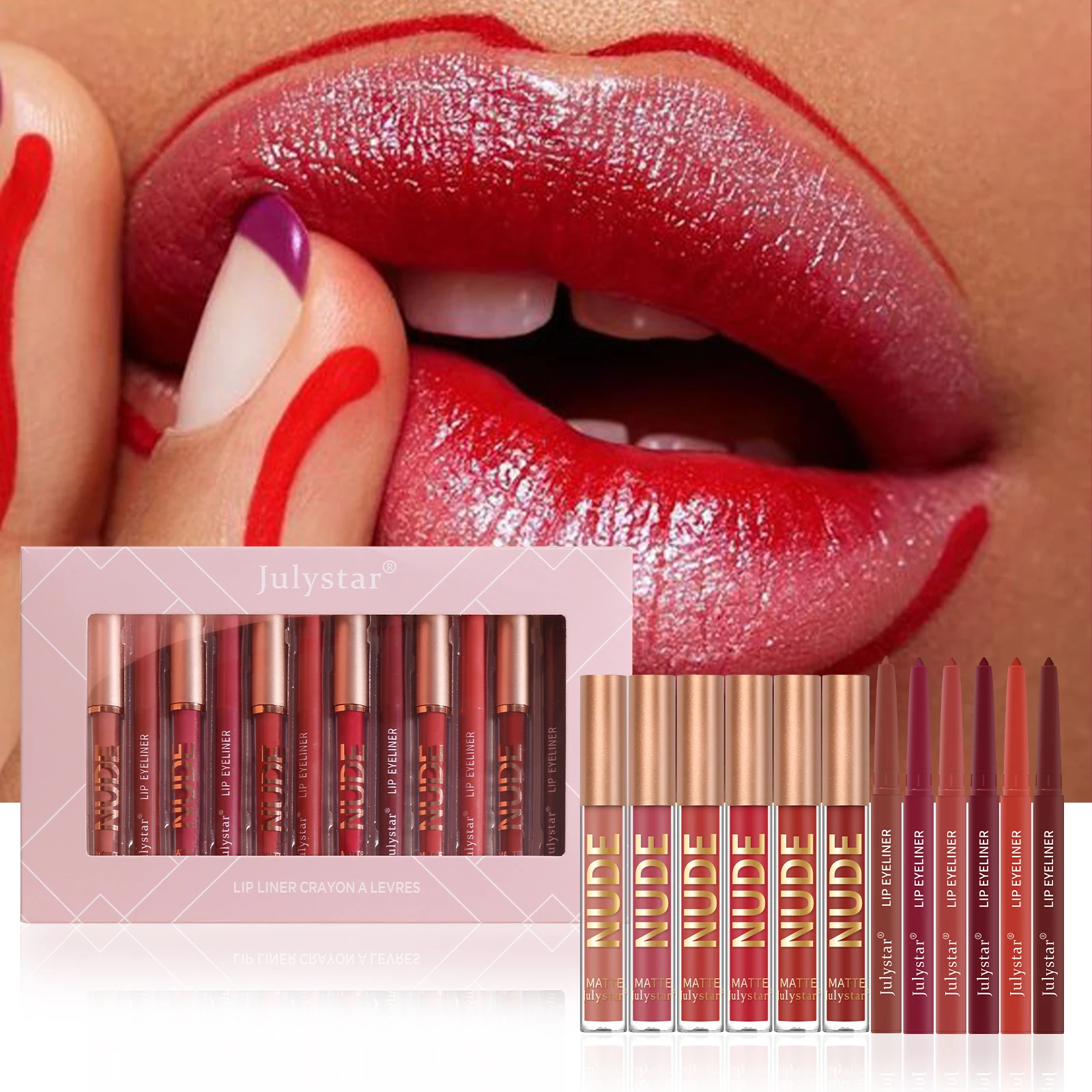 Julystar 6 + 6 Lipkleur Lipliner Set Gemakkelijk Te Kleuren En Duurzame Kleuring Make-Up Dames Dagelijkse Draagbare Make-Up Set