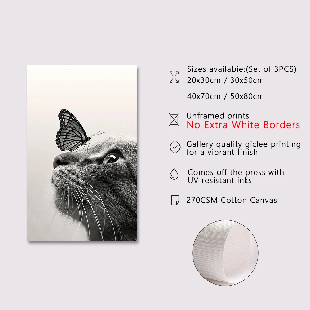 1pc Canvas Painting frameless Black And White Cats Butterfly Canvas Painting Cute Animal Poster for Bedroom Decor Sports Landsca
