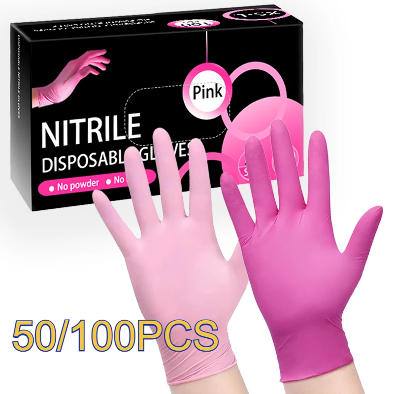 【セール中】50/100 個ディープピンクライトピンク使い捨てニトリル手袋使用食器洗いクリーニング衛生ペット入浴ハンドケア高弾性