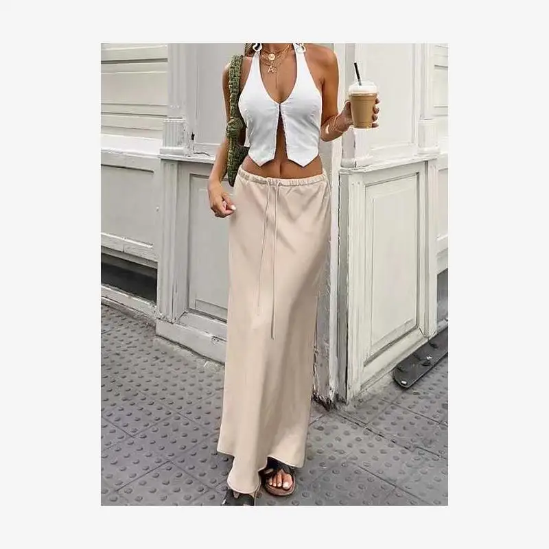 

Модная приталенная атласная юбка с кружевной отделкой, длинная юбка А-силуэта со средней талией, однотонная, для офиса и на каждый день, летняя новинка