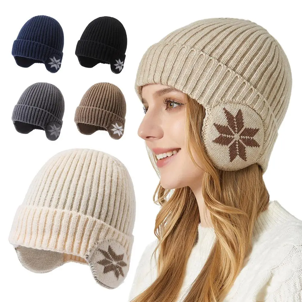 Gorros de invierno cálidos de felpa tejidos Benines para hombre y mujer, gorros de moda para la nieve, gorros de lana a prueba de frío para exteriores, gorro Unisex con orejas V6k8