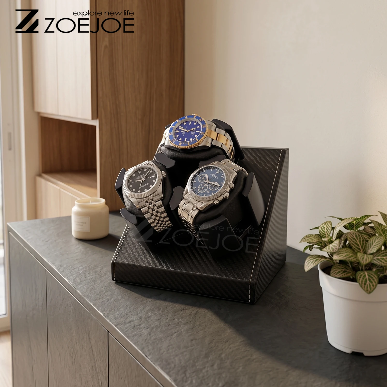 ZOEJOE 3 Slots Automatic Watch Winders Pu Leather USB Cable Low Noise Watch Winder With Adjustable Watch Pillow Holiday Gifts