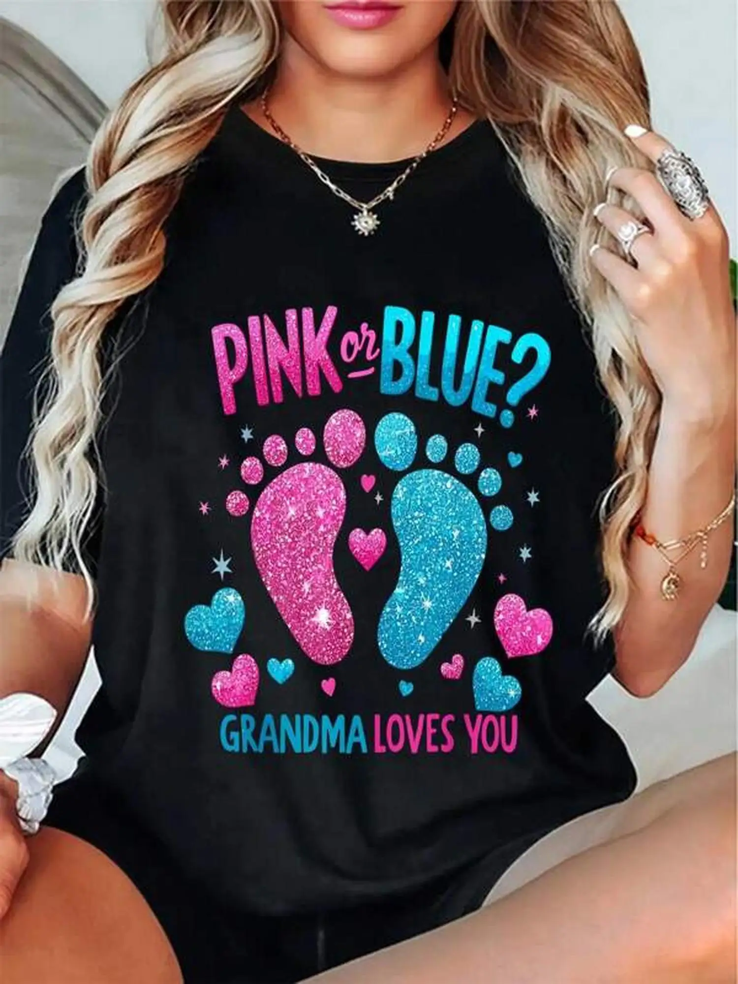 เสื้อยืดเด็กขนาดพลัสไซส์ 100% สีชมพูหรือสีฟ้า คุณยายรักคุณ เสื้อยืดสำหรับงานเปิดเผยเพศลูก 0XL-4XL