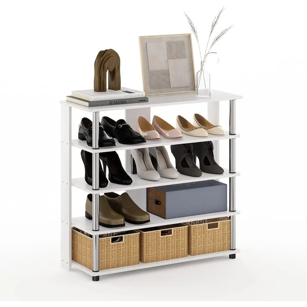 urinno Turn-N-Tube 5 Tier Wide Shoe Rack, White Oak, StainlSteel Tubes 32 Inch