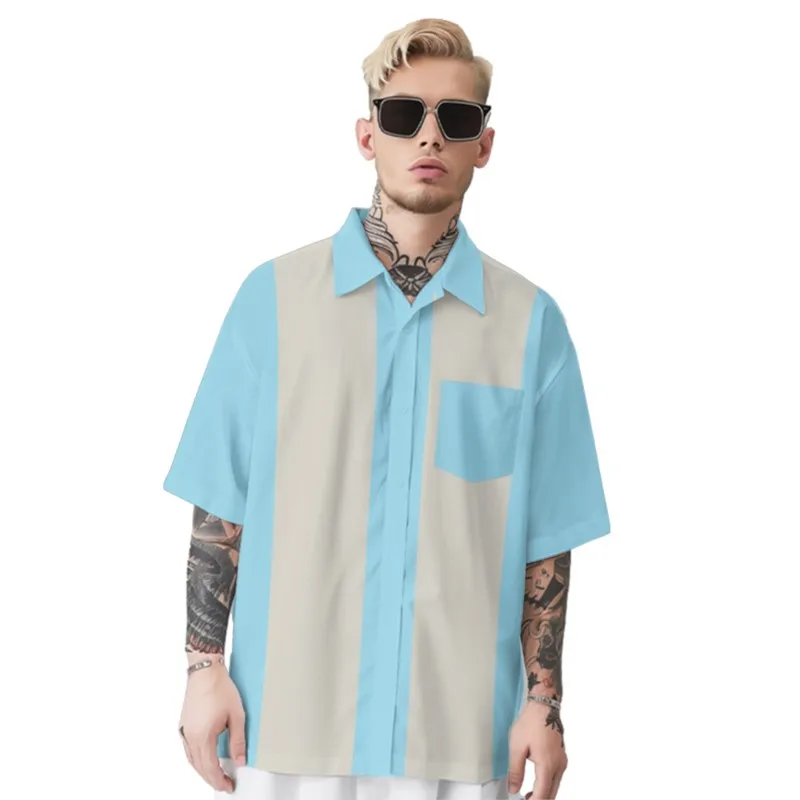 

Sky-blue Stripes Print Hawaiian Style Shirt Men's Chest Pocket Shirt Casual Short Sleeve Daily Smart Business Shirt For Men