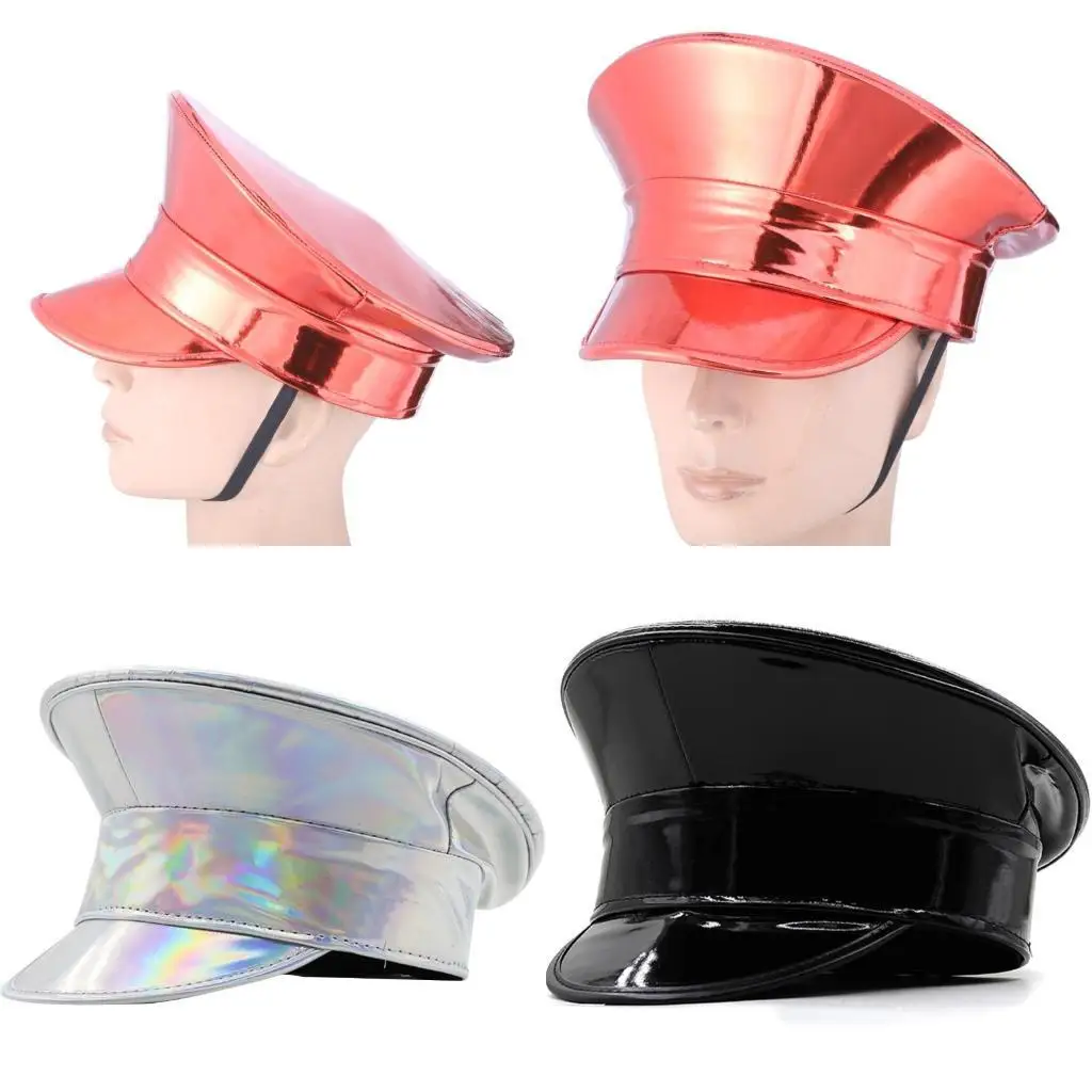 

R1WE Glittering Captain Hat Fashion PatentLeather Party Hat Adult Carnivals Cap Music Festival Stage Hat Night Club Headgear