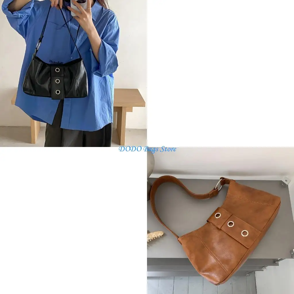 

Сумка подмышки из вощеной искусственной кожи в стиле ретро для женщин, легкая сумка на плечо с металлическими деталями, вечерняя