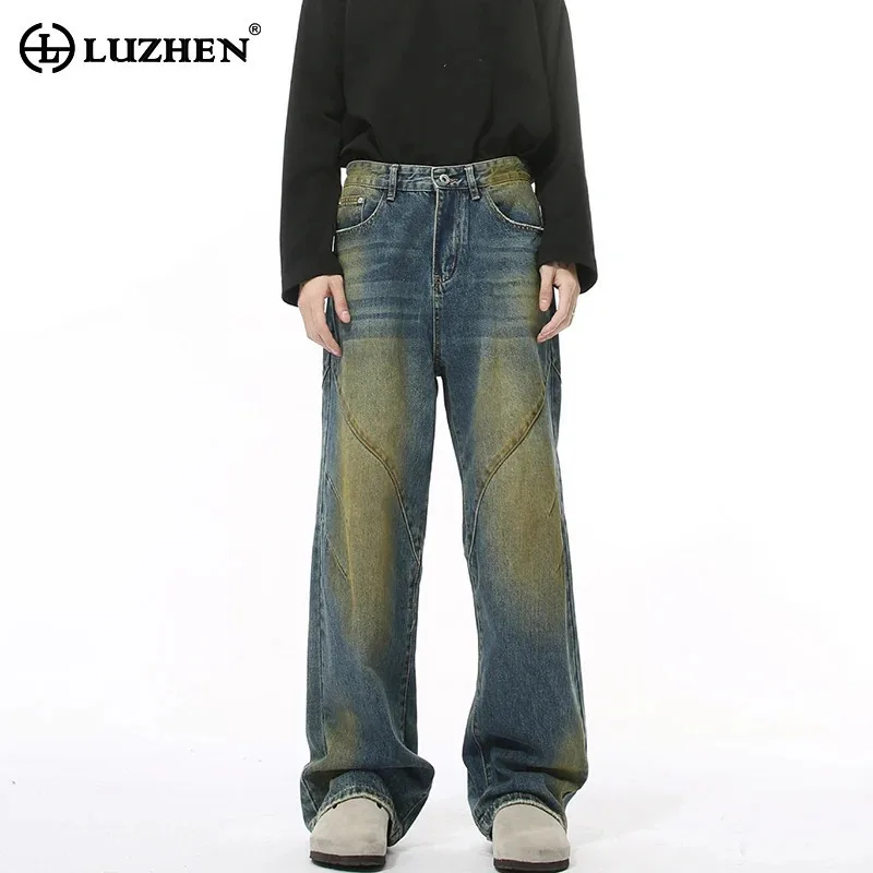 LUZHEN Men's Autumn New Dyeing Straight Tube Jeans Gradient Color Wornout Design Trendy Baggy Denim Pants American Male LZ8029