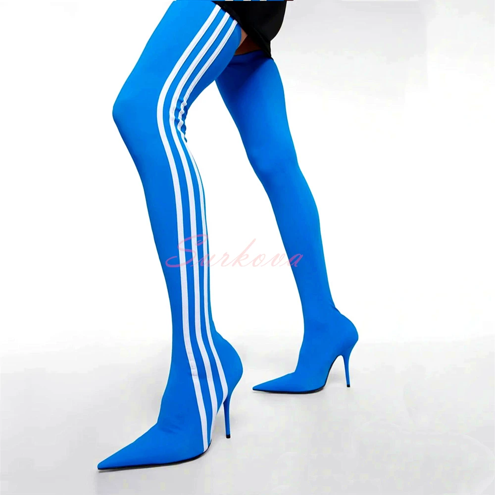 

3-Stripes Stretch Over-The-Knee Boots Solid Color Stitching Fiber Cloth Point Toe Thin Heel Sexy Women's Boots Ladies Stilettos