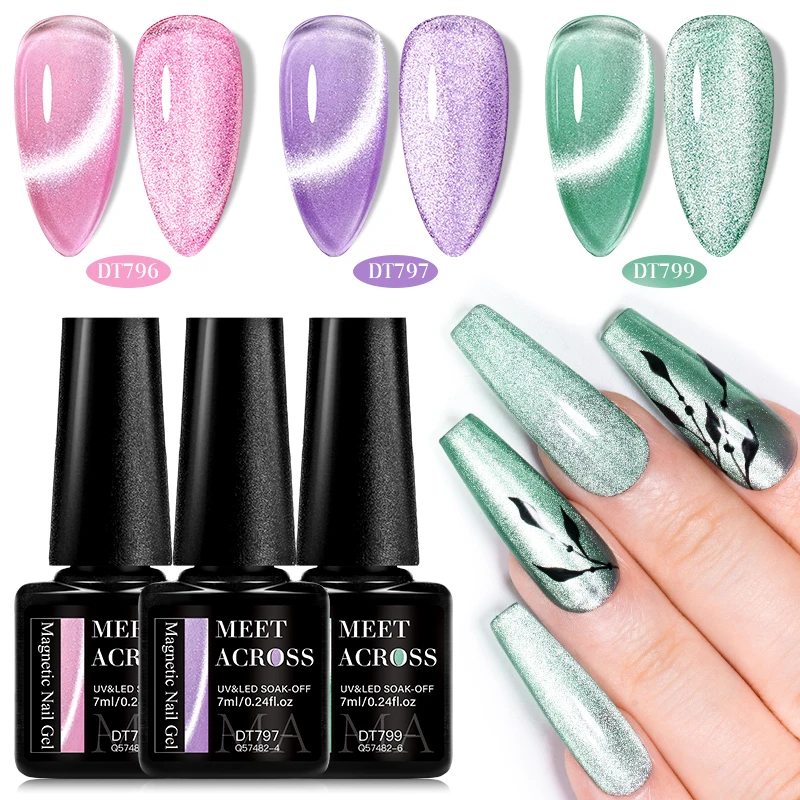 MEET ACROSS 7 Pçs/set Gato Mágico Gel Magnético Esmalte Sparking Semi-Transparente Mar Azul Efeito Soak Off UV Gel Verniz Kit