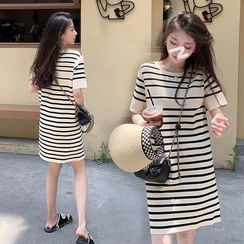 

Korean Style Maternity Summer Knitting Dress Short Pregnant Woman Straight Dress Stretched Pregnancy Casual Holiday Clothes Slim