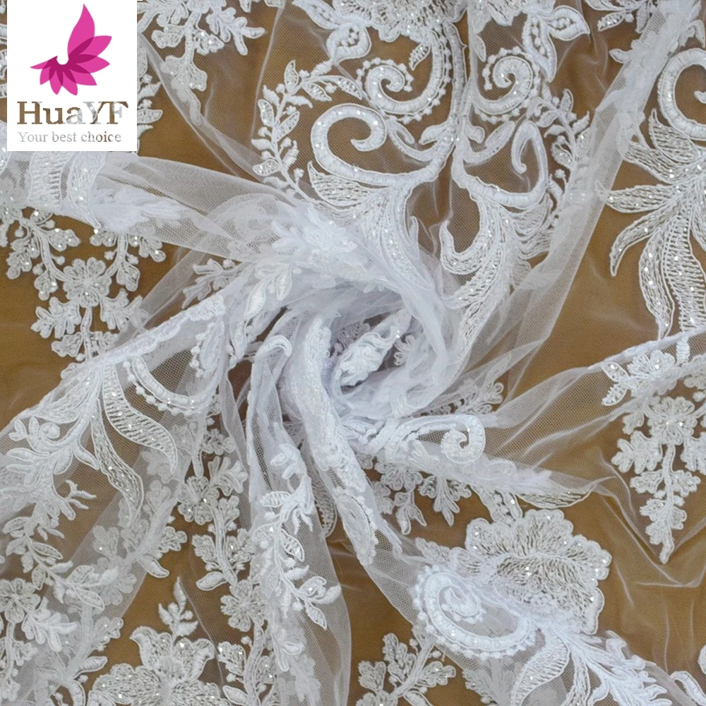 New French Pure WhiteSequined Lace Fabric 2023 High Quality Embroidery Flower Wedding Dress DIY Sewing Accessories HY1797-3