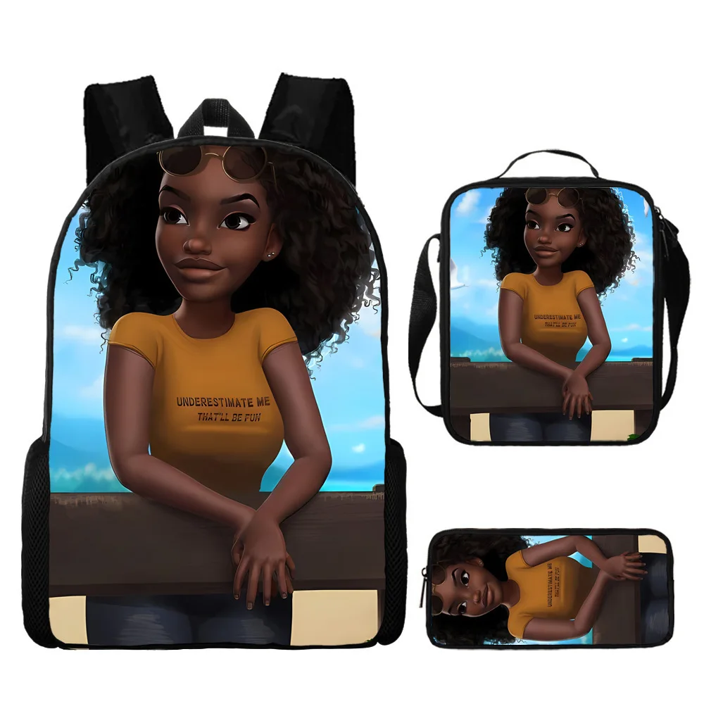 

Cartoon Popular African girls 3D Print 3pcs/Set Student School Bags Laptop Daypack Backpack Crossbody Lunch bag Pencil Case