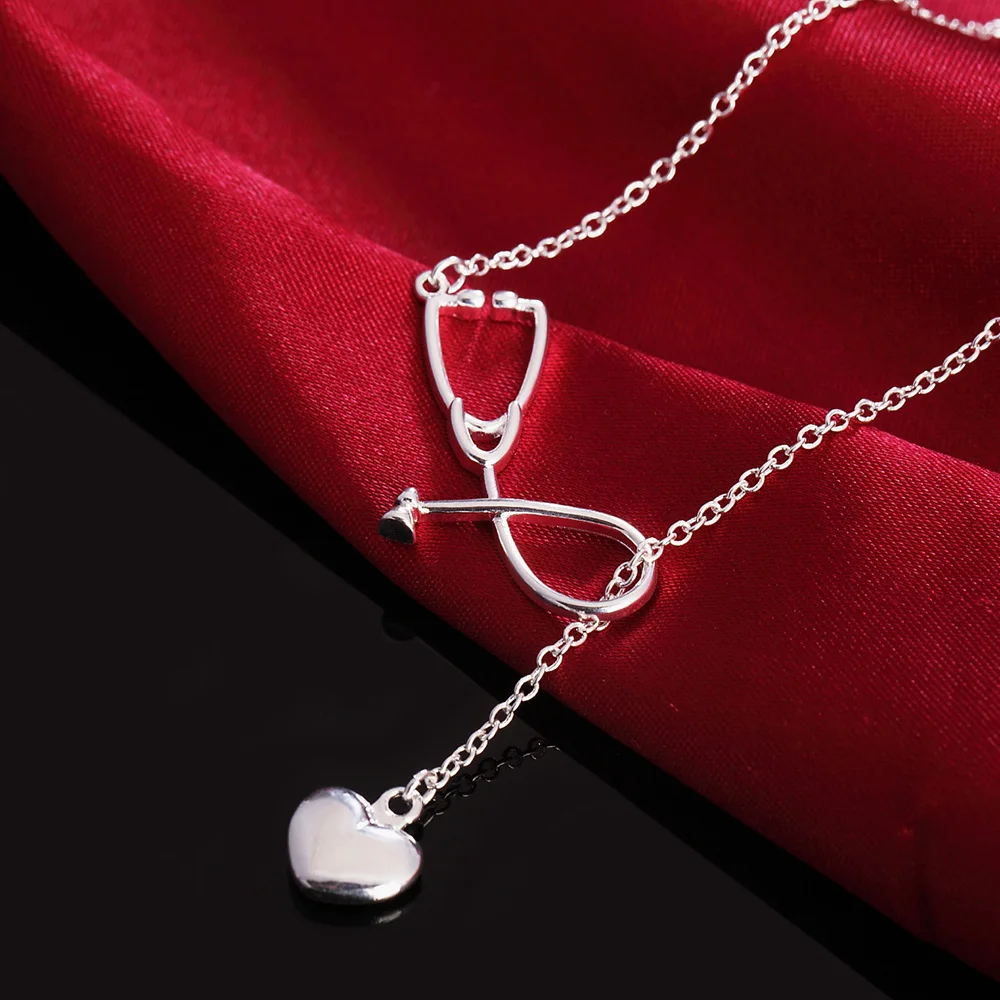 

925 Sterling Silver Necklace For Women Jewelry 18 inches nurse heart Pendant LOVE Fashion lady Christmas gifts Wedding party