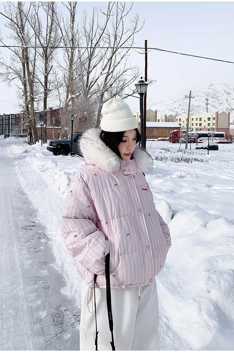 Korean Striped Bow Pattern Cropped Padded Jacket for Women Winter Hooded Coat with Faux Fur Collar Woman Sweet Thick Warm Parkas