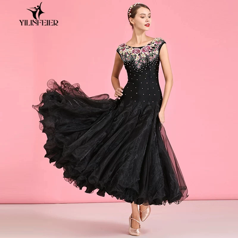 Ballroom dance competition dress with round neck sleeveless,colorful floral rhinestone decor and fluffy ruffled big skirt for st