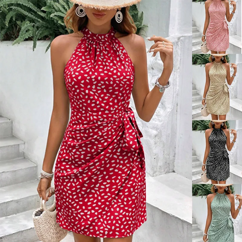 

Halter Zipper Sleeveless Floral Pleated Elegant Women's Classic Fashion High Waist A Line Party Prairie Chic Vestidos Girl Dress