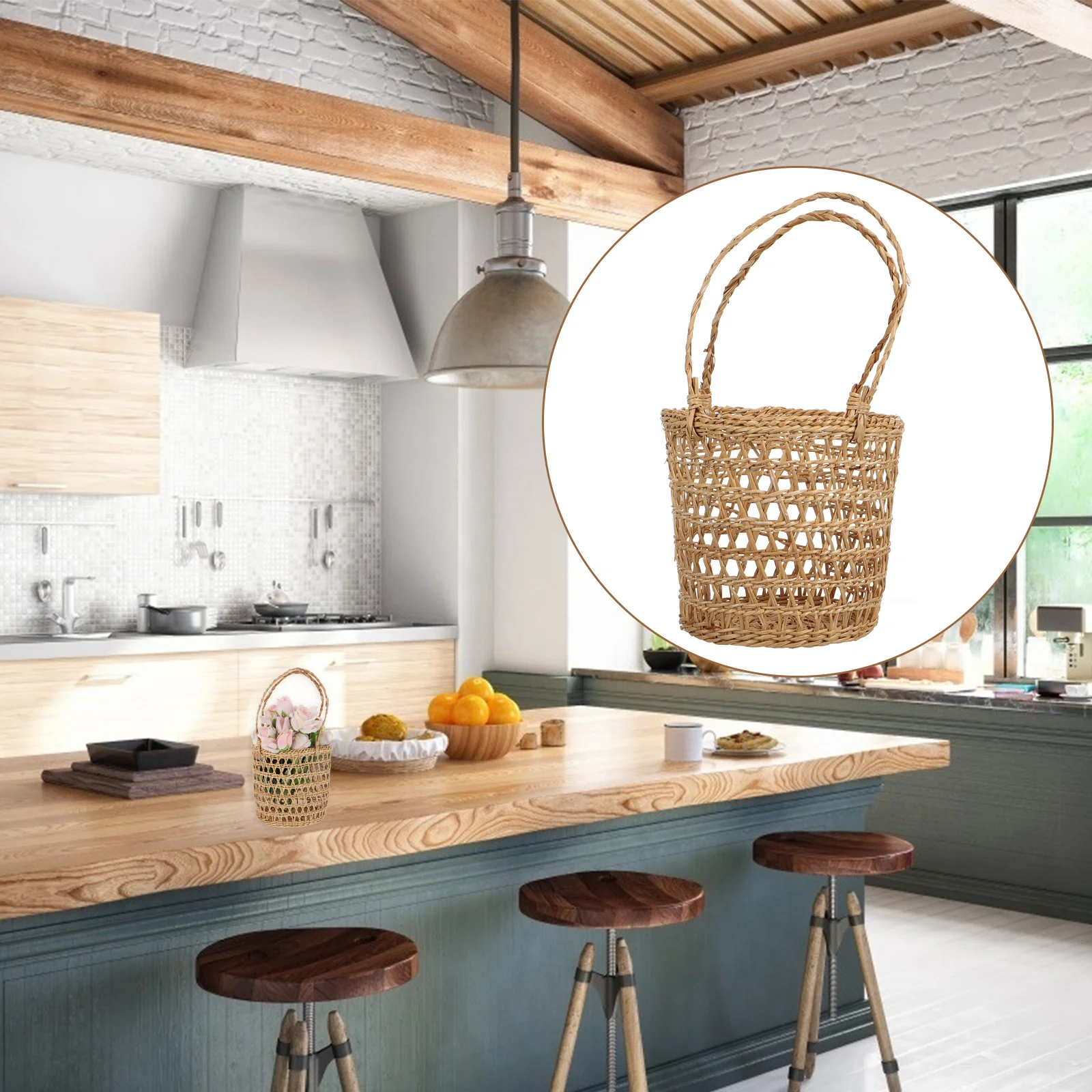 

1pc Elegant Straw Woven Basket Handheld Flower Basket Decorative Storage Basket