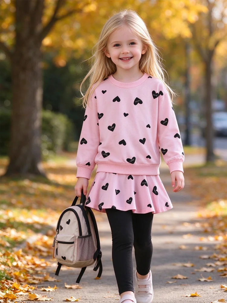 Little Hand Girls Clothes Set Heart Sweatshirt and Leggings Sets 2-Piece Outfits Pink Size 2-10T Valentine's Day