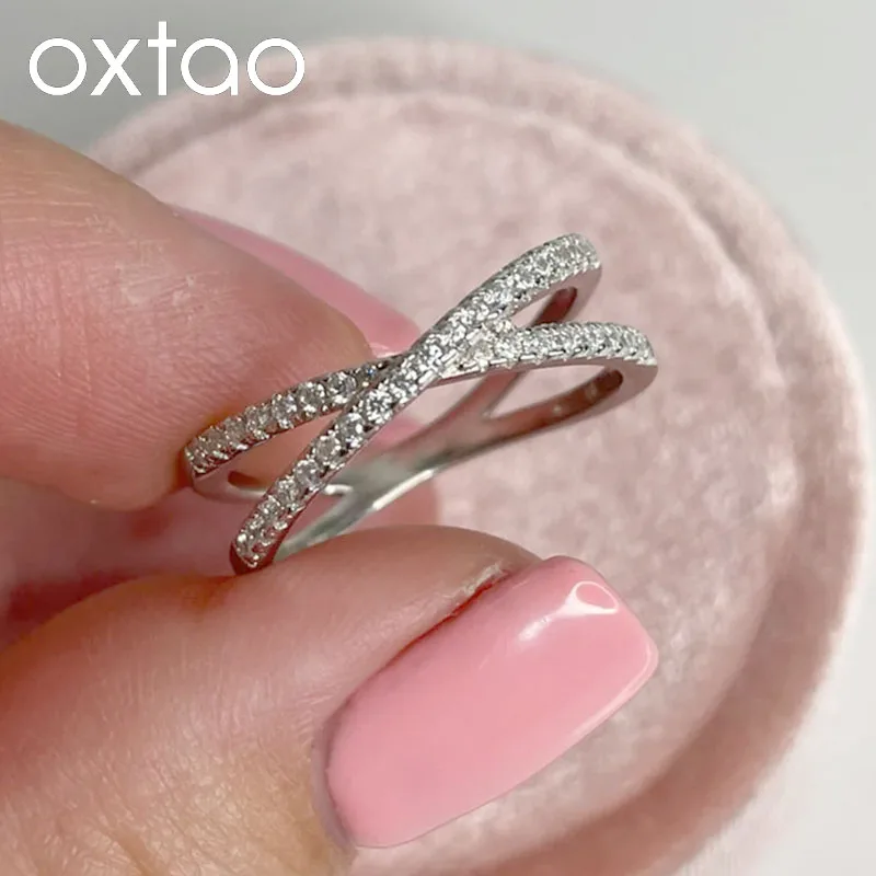 Image of OXTAO X-förmiger Moissanit-Halb-Eternity-Ring D VVS1 Zertifizierter Stapelbarer Kreuz-Ehering Damenschmuck 14K Goldfilled