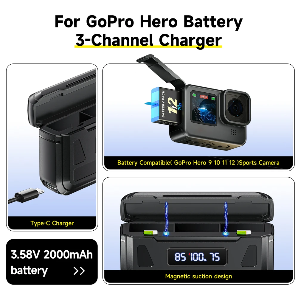 بطارية 2000 مللي أمبير في الساعة لبطارية GoPro Hero 12 بطارية كاميرا الحركة + شاحن LCD ثلاثي القنوات لكاميرات GoPro Hero 9 10 11 الرياضية