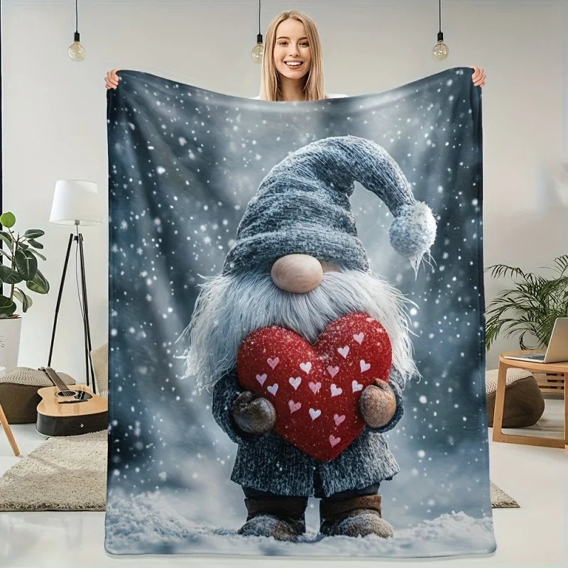 Winter Gnome Holding Red Heart Snowfall Scene Print, Soft Lightweight Decorative Blanket for Couch Bed