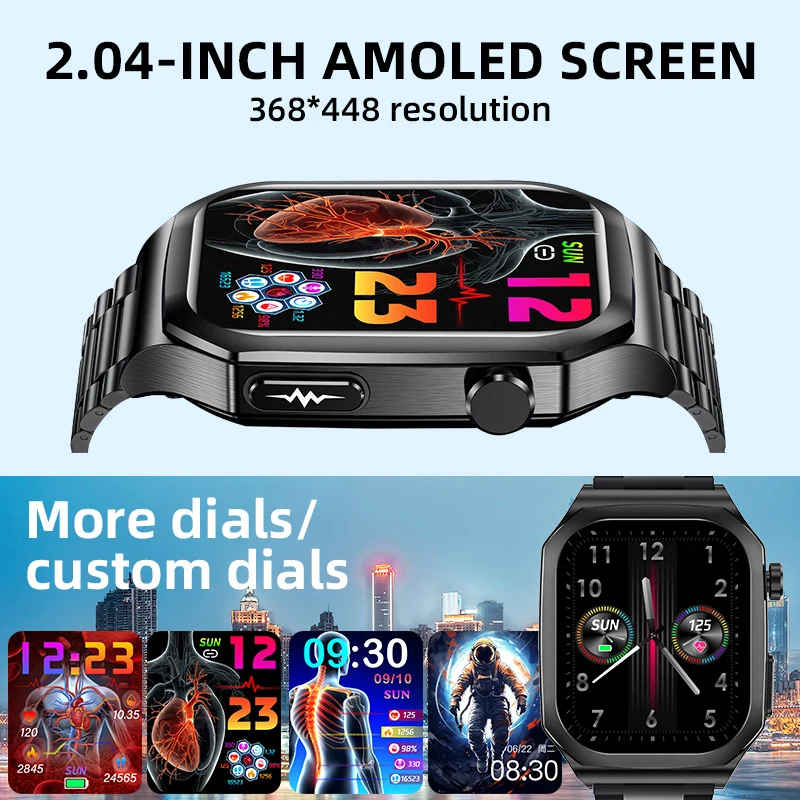 LIGE Smart Watch Men ECG 2.04inch AMOLED Heart Rate Blood Uric Acid Women's Health Monitoring Waterproof Fitness Smartwatch 2025