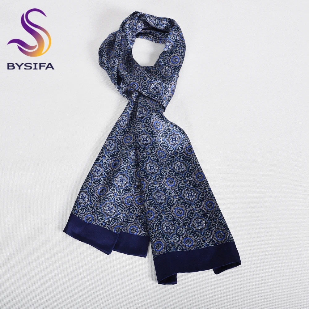 BYSIFA | Pañuelo de seda gris y azul para hombre, moda de invierno, 100% de seda, pañuelos largos para hombre, corbatas de marca, bufanda larga suave, corbata 160*26cm