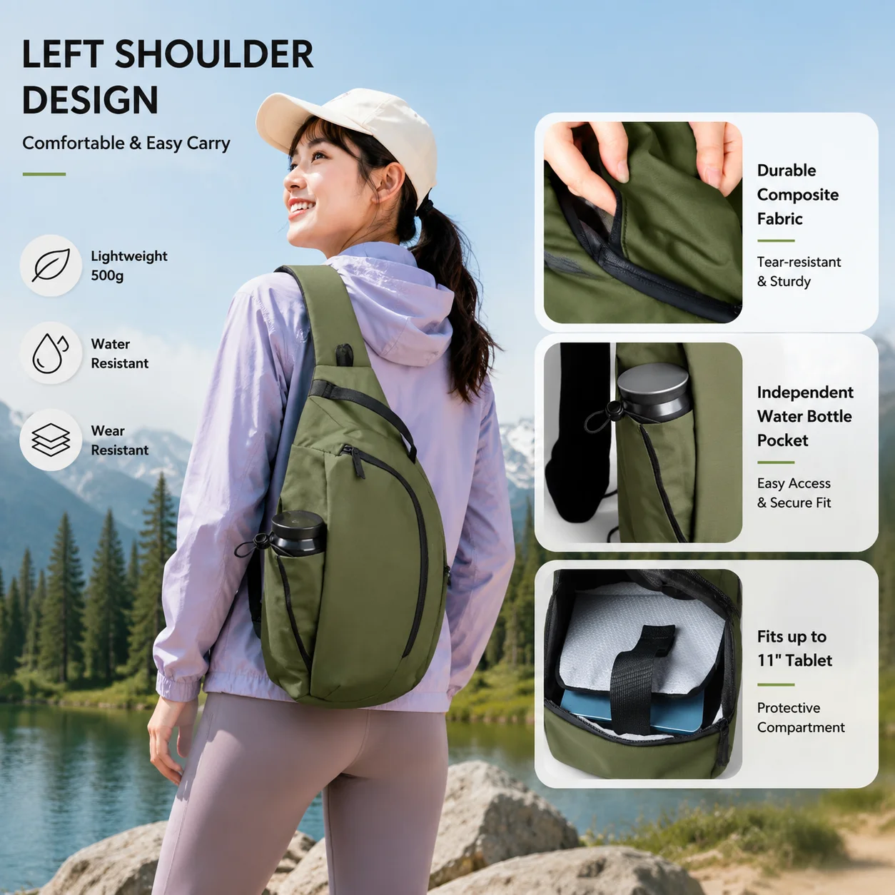 Men Crossbody Sling Bag Outdoor Waterproof Chest Bag Shoulder Bag With Water Bottle Pocket 11 Inch Tablet Compartment Casual
