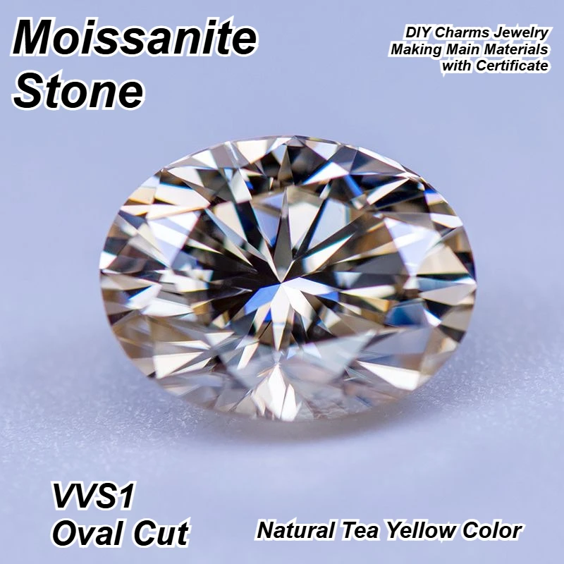 

Hot Sale Moissanite Stone Oval Cut Natural Tea Yellow Color VVS1 DIY Charms Jewelry Making Main Materials with Certificate