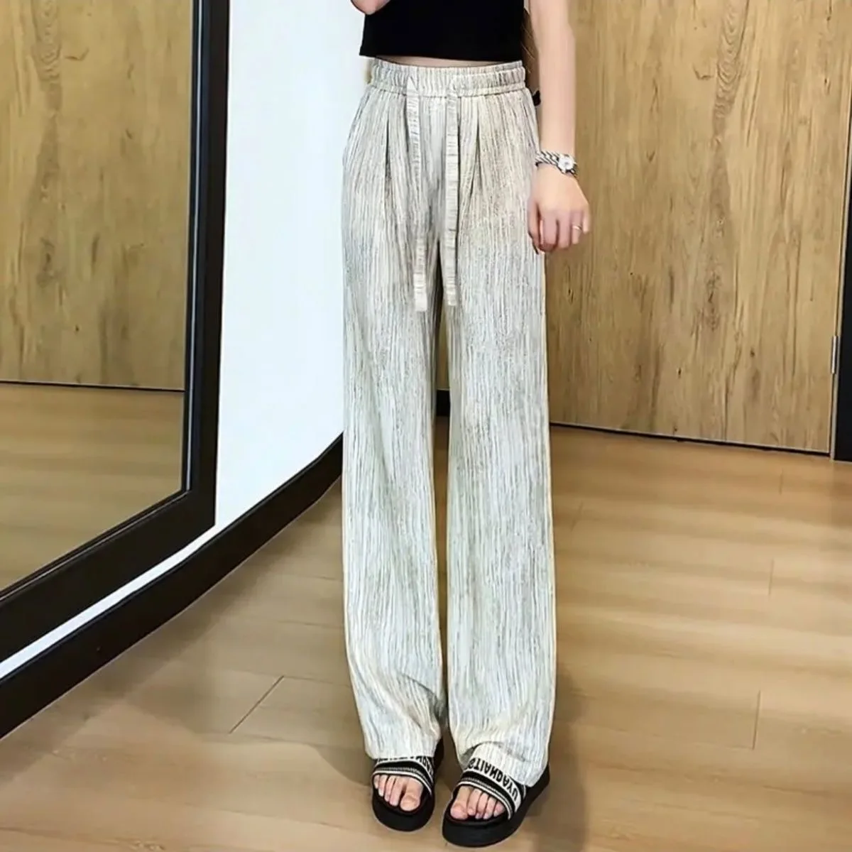 Women's High Waist Wide Leg Pants Draped Loose Slim Fit Drawstring Lazy American Casual Straight Leg Dyeing Pants